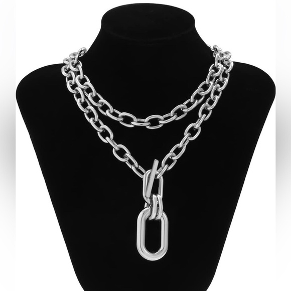 2pcs Silver Layered Chunky Chain Choker Necklace with Toggle Clasp Necklace - Picture 3 of 6
